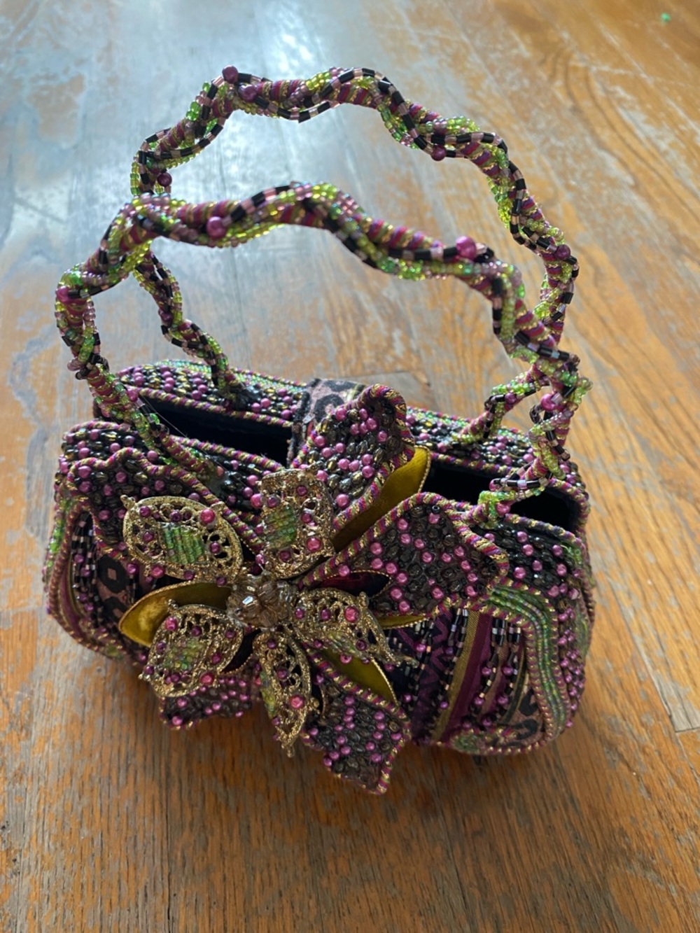 Mary Frances Hand Beaded 3D Floral Handle Evening Bag in Purple & Green